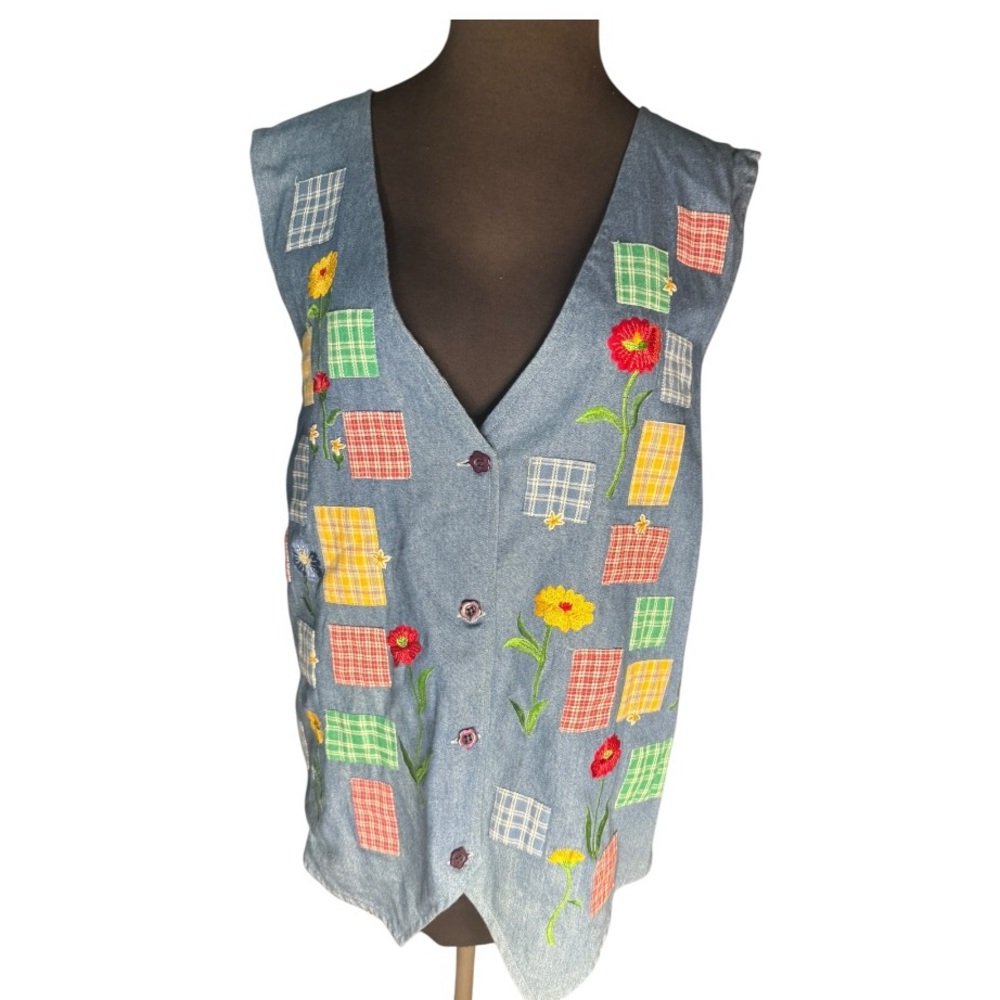 Vtg Chambray Patchwork Floral Plaid Cottagecore V… - image 2